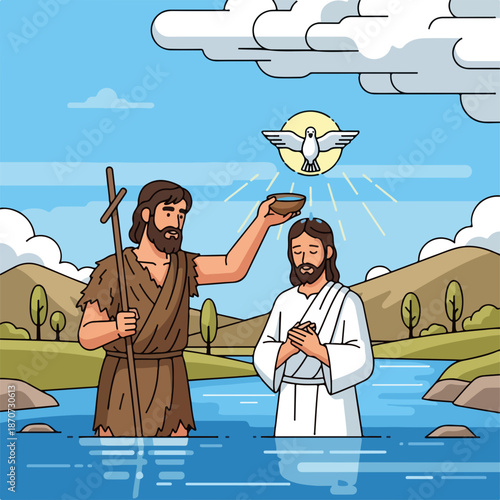Baptism of Christ performed by John the Baptist in serene river setting, dove represents holy spirit during baptismal ceremony.