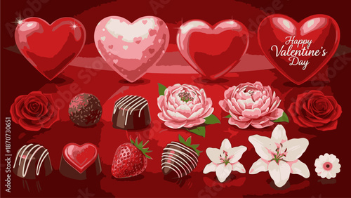 Flat lay of Valentine's Day treats and flowers, including chocolates, strawberries, roses, and lilies, on a red background with heart-shaped decorations and 'Happy Valentine's Day' message.