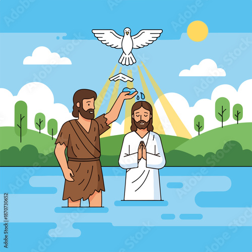 Baptism of Christ with John the Baptist in serene river setting, dove descending symbolizes holy spirit presence, peaceful nature enhances spiritual significance,