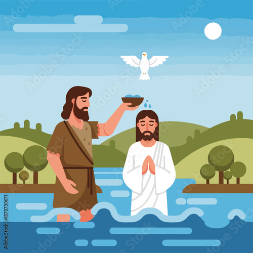 Scene from the Bible depicting baptism of Christ by John the Baptist in river with dove above. Disciples of Christ witness powerful moment as Christ seeks spiritual renewal in water,