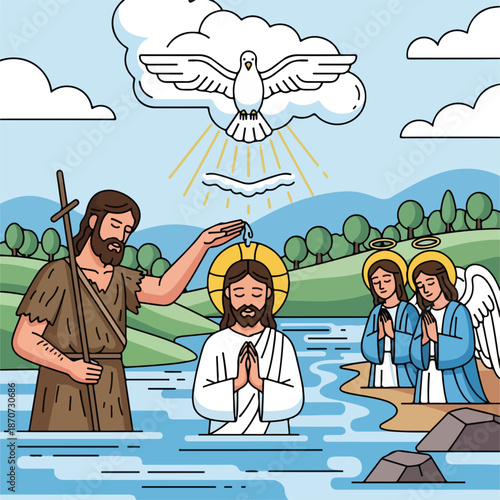 Baptism of Christ by John the Baptist in a serene river setting with angels witnessing the holy moment. Disciples of Christ celebrate the significance of baptism in the New Testament.