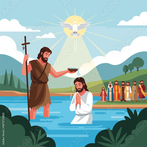 Baptism of Christ scene with John the Baptist performing baptism in river, light shining down with dove symbolizing spirit.