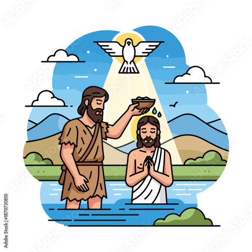 Baptism of Christ by John the Baptist with dove above in serene landscape, scene captures disciples of Christ observing sacred moment in flowing water. Concept baptism of Christ for religious imagery.
