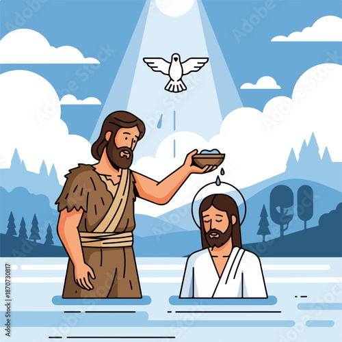 Baptism of Christ by John the Baptist with spiritual dove in serene landscape, disciples of Christ witnessing sacred moment in nature. Baptism of Christ represents divine connection and faith.