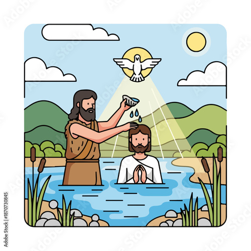 Baptism of Christ scene with John the Baptist performing baptism in the river. Disciples of Christ witness baptism as dove symbolizes spiritual moment.