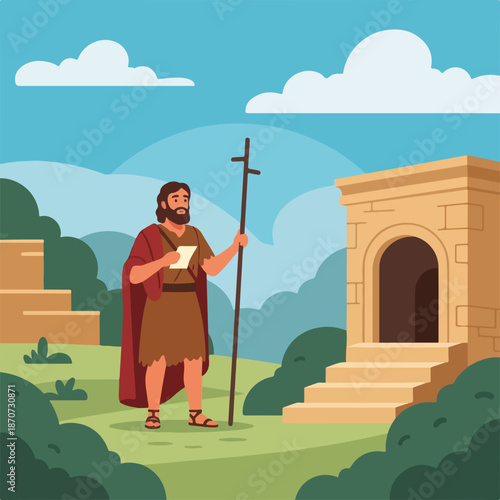 Scene from the Bible depicting John the Baptist standing near an ancient structure with staff in hand.
