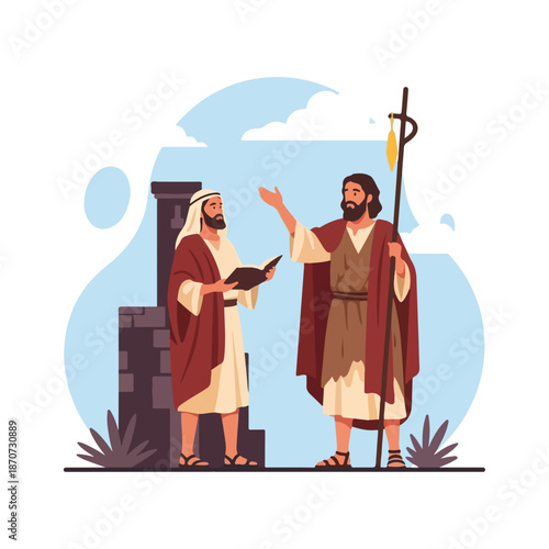 Disciples of Christ discussing teachings in biblical setting with apostles and John the Baptist present.