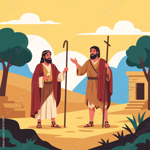 Scene from the Bible featuring disciples of Christ discussing beliefs in a serene landscape. New Testament setting captures interaction between John the Baptist and an apostle.