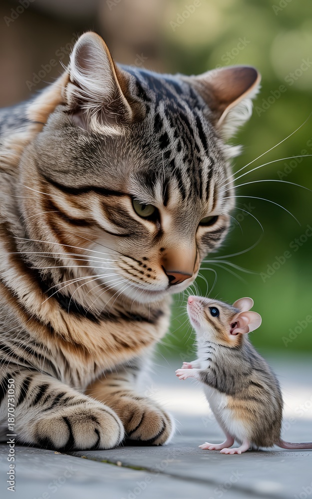 Obraz premium A large tabby cat with intense green eyes gazes down at a tiny mouse standing on its hind legs.