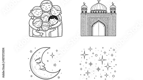 Hand-drawn line art collection featuring a loving family, ornate mosque, serene crescent moon, and sparkling stars outlines. Ideal for coloring and graphic design