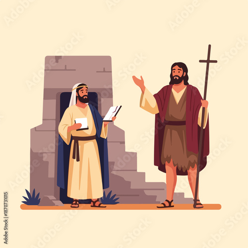 Biblical scene featuring disciples of Christ engaged in conversation with John the Baptist and Christ, highlighting their roles as witnesses of Christ’s teachings.