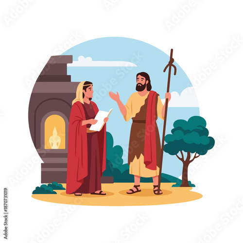 Disciples of Christ engaging in conversation with significance of scripture in biblical context. New Testament scene depicts John the Baptist sharing teachings with apostles in serene setting.