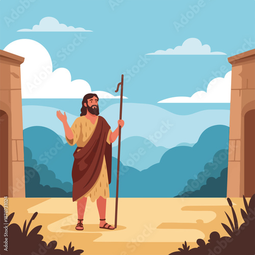 Scene depicting disciples of Christ with John the Baptist preaching in front of ancient stone gates. Disciples of Christ listen intently while John the Baptist conveys important messages.