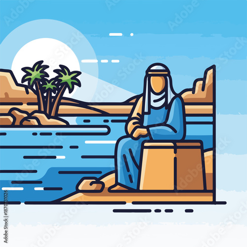 Disciples of Christ witnessing John the Baptist by river with palm trees and sunlight. Scene from New Testament captures apostles near water observing events.