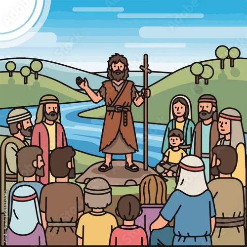 Scene from the Bible with disciples of Christ gathered by the river listening to the teachings of John the Baptist and witnessing his ministry. Witnesses of Christ,