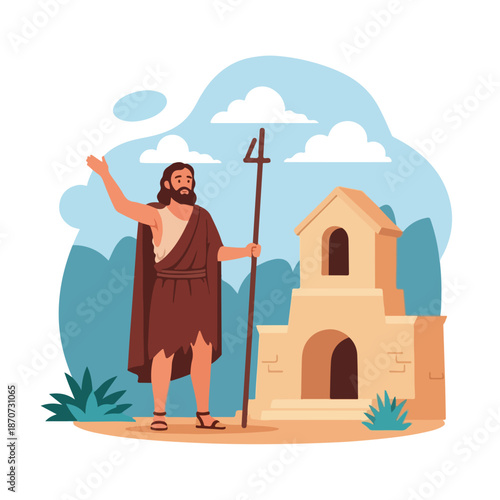 Scene from the Bible depicting disciples of Christ with a figure holding a staff near an ancient building. This scene highlights the witnesses of Christ in a historical context,