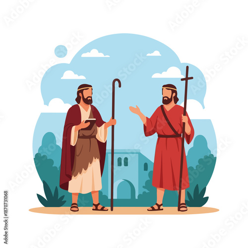 Disciples of Christ engaged in conversation in biblical scene with staff and shepherd's crook. Witnesses of Christ include apostles sharing wisdom and teachings with serene landscape.