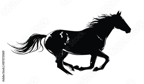 Vector ink brush painting of a black stallion horse. Captures bold, elegant movement with traditional sumi-e style brushstrokes, symbolizing strength and freedom.