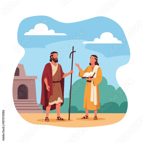 Scene from the Bible with disciples discussing teachings in ancient setting. New Testament moment captures apostles sharing wisdom amid historical architecture and nature.