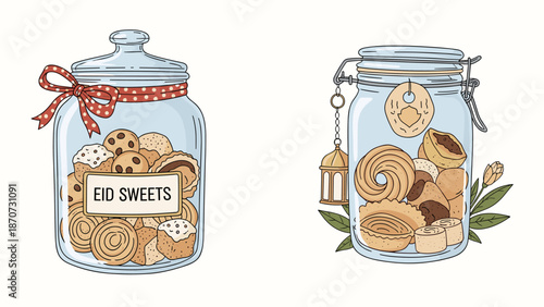 Hand-drawn illustration of decorative glass jars filled with an assortment of delicious Eid cookies and traditional sweet treats, perfect for festive celebrations and sharing joy