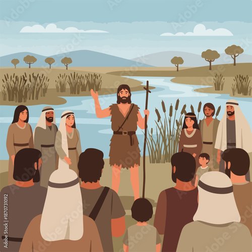 Scene from the Bible with disciples of Christ gathered by riverbank, listening to teaching of Christ’s messenger in natural landscape. Disciples of Christ witness call to faith in biblical narrative.