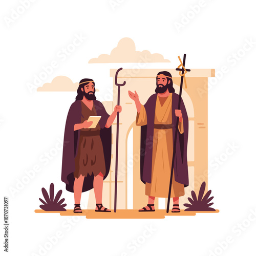 Biblical scene with disciples of Christ discussing teachings under cloudy sky. Witnesses of Christ engage in conversation with staffs and scrolls in hand.