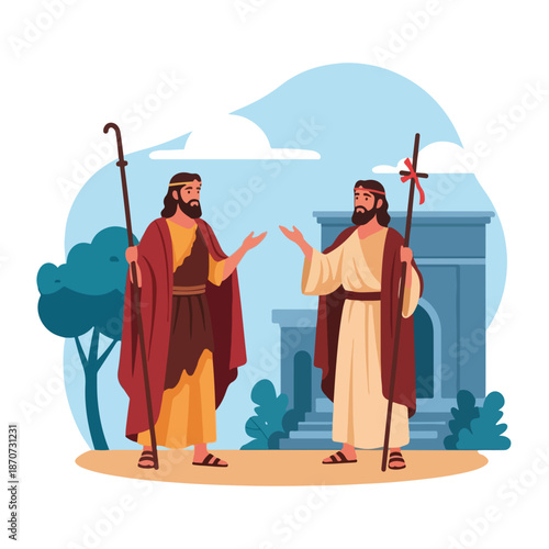 Two disciples of Christ conversing with staffs in a biblical scene from the New Testament. Disciples of Christ engaging in discussion depict the teachings of peace and faith.