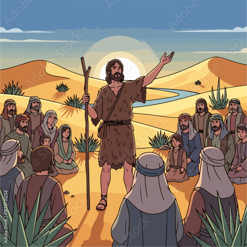 Disciples of Christ listening to John the Baptist in desert, gathering in attentive reverence while he speaks about coming Messiah.