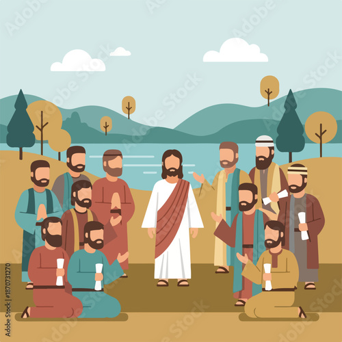Scene from the Bible with disciples of Christ gathered around Jesus in outdoor setting by serene lake. Disciples of Christ are depicted with scrolls and gestures,