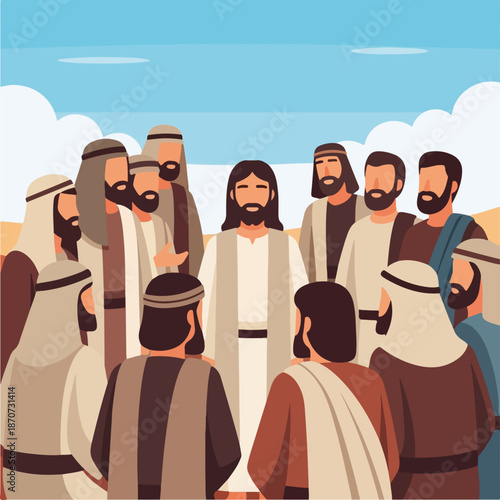 Scene from the Bible featuring disciples of Christ gathered around Jesus in a desert landscape. Disciples of Christ engage in meaningful conversation under bright blue sky.