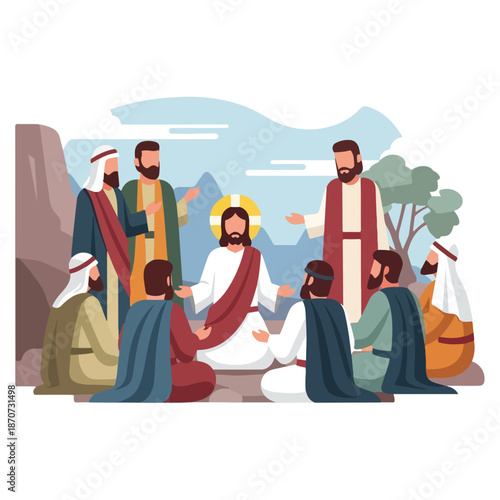 Christ teaching apostles, spiritual leader with halo surrounded by followers. Christ teaching apostles imparts New Testament wisdom. Christ teaching apostles scene for religious education,