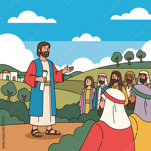Bible scene shows a prophet addressing many followers outdoors. This bible scene includes disciples, apostles, witnesses listening to spiritual words. Inspiring bible scene for religious education,