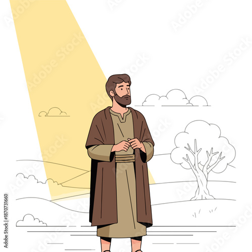 Man in ancient robes under divine light portrays Christian figure. Spiritual illustration features pensive prophet or apostle, Christian figure, in outdoor setting.