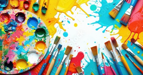 Colorful paints, brushes scattered. Bright palette, vibrant hues create artistic mess. Creative tools suggest painting process.