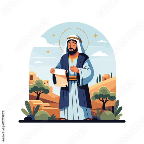 Stylized biblical figure stands holding ancient scroll in desert landscape. This holy man, depicted with halo and traditional attire,