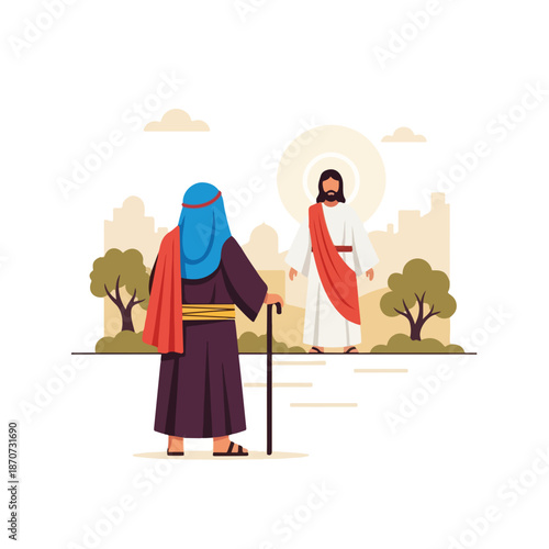 Bible scene illustration with disciple and Jesus Christ, standing on path, city in background. New Testament bible scene features an apostle, symbolizing spiritual journey and faith.