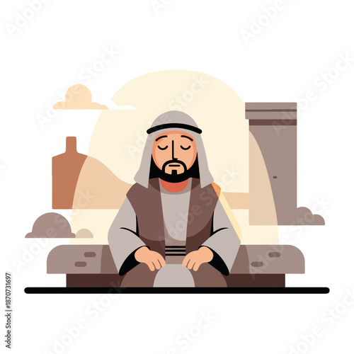 Biblical scene illustration, man in traditional robes meditating with closed eyes, ancient background. Spiritual biblical scene, deep faith, new testament times.