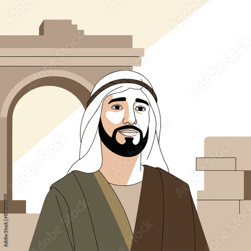 Smiling biblical figure with beard and traditional Middle Eastern attire against ancient archway backdrop. This new testament character represents early followers, a devoted disciple of Christ,