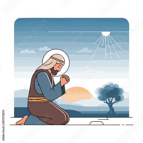 Man kneeling, hands clasped, in religious prayer scene under divine light. Solemn religious prayer scene portrays holy figure with halo, set against tranquil desert sunrise.