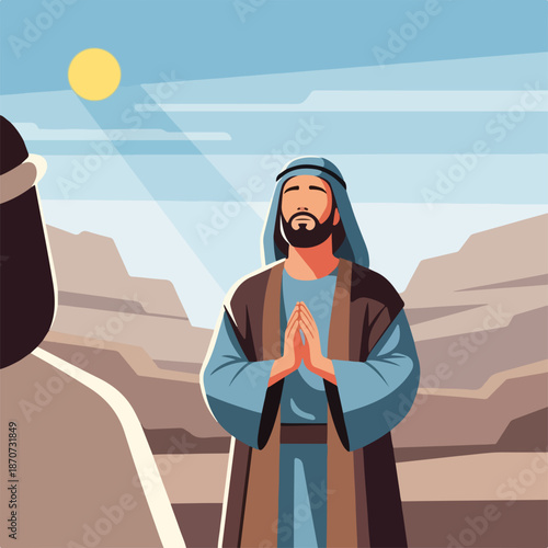 Detailed biblical scene shows robed man praying, hands together, bathed in desert sunlight. Ancient attire, serene landscape highlight this spiritual biblical scene of profound devotion.