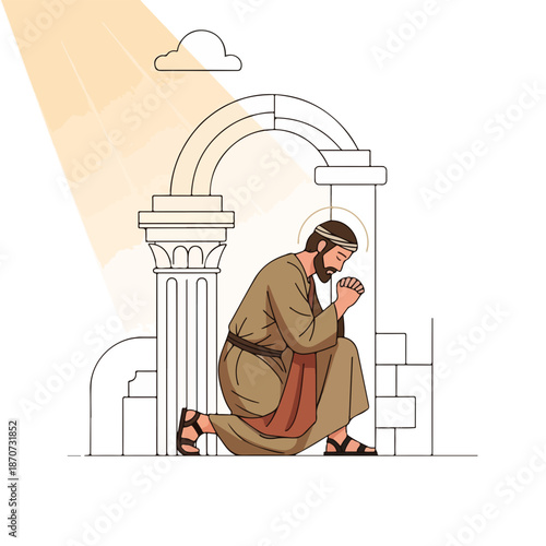 Humble **disciples of Christ** kneels in prayer under ancient arch. Illustration of holy man bathed in divine light, representing devoted **disciples of Christ** in deep contemplation.
