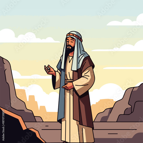 Robed man in desert landscape, illustrating ancient biblical scene. Figure portrays prophet or disciple, conveying spiritual narrative, a significant biblical scene.