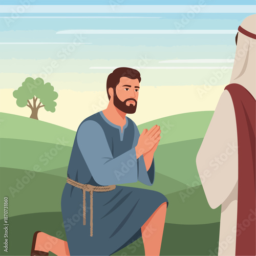 Man kneeling in prayer, a humble biblical scene with hands clasped before another figure. This new testament depiction in a serene pastoral landscape illustrates spiritual devotion and faith.