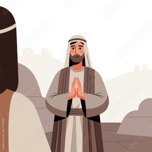Man in ancient robes with clasped hands, representing scene from the bible. Figure stands in historical setting, symbolizing new testament teachings or meeting with disciples of christ.