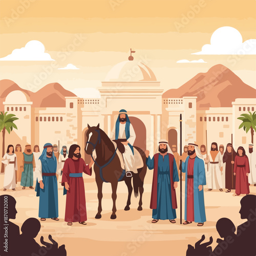 Illustration depicts Palm Sunday, Jesus riding donkey into Jerusalem street among crowds. New Testament scene captures Palm Sunday spiritual significance. Perfect for religious education,