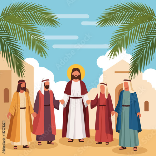 Palm Sunday depiction showing Jesus surrounded by his followers, wearing traditional robes in a desert village setting. Palm Sunday celebration captures historic entry into Jerusalem,