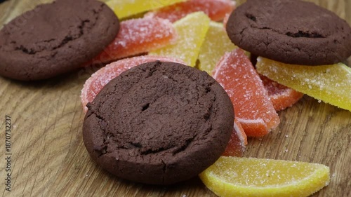 Rotating close-up of chocolate cookies and jelly slices, highlighting the textures of these sweet treats.