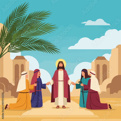 Palm Sunday illustration shows Jesus entering Jerusalem with devoted followers. New testament scene depicts Palm Sunday procession, people kneeling under palm fronds.