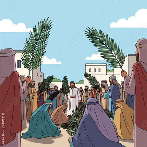 People celebrating Palm Sunday, waving palm fronds as Jesus enters Jerusalem. Disciples and followers gather, some laying cloaks, observing Palm Sunday event from new testament bible scene.