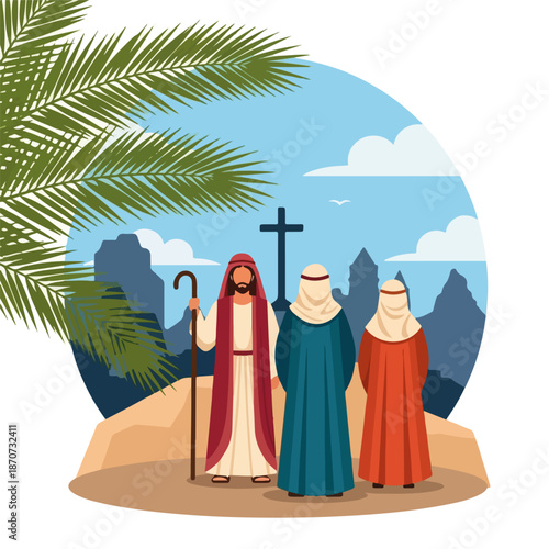 Palm Sunday illustration shows Jesus, staff in hand, with two followers viewing cross on distant hill. New testament bible scene, Jesus' entry into Jerusalem, with symbolic palm fronds.